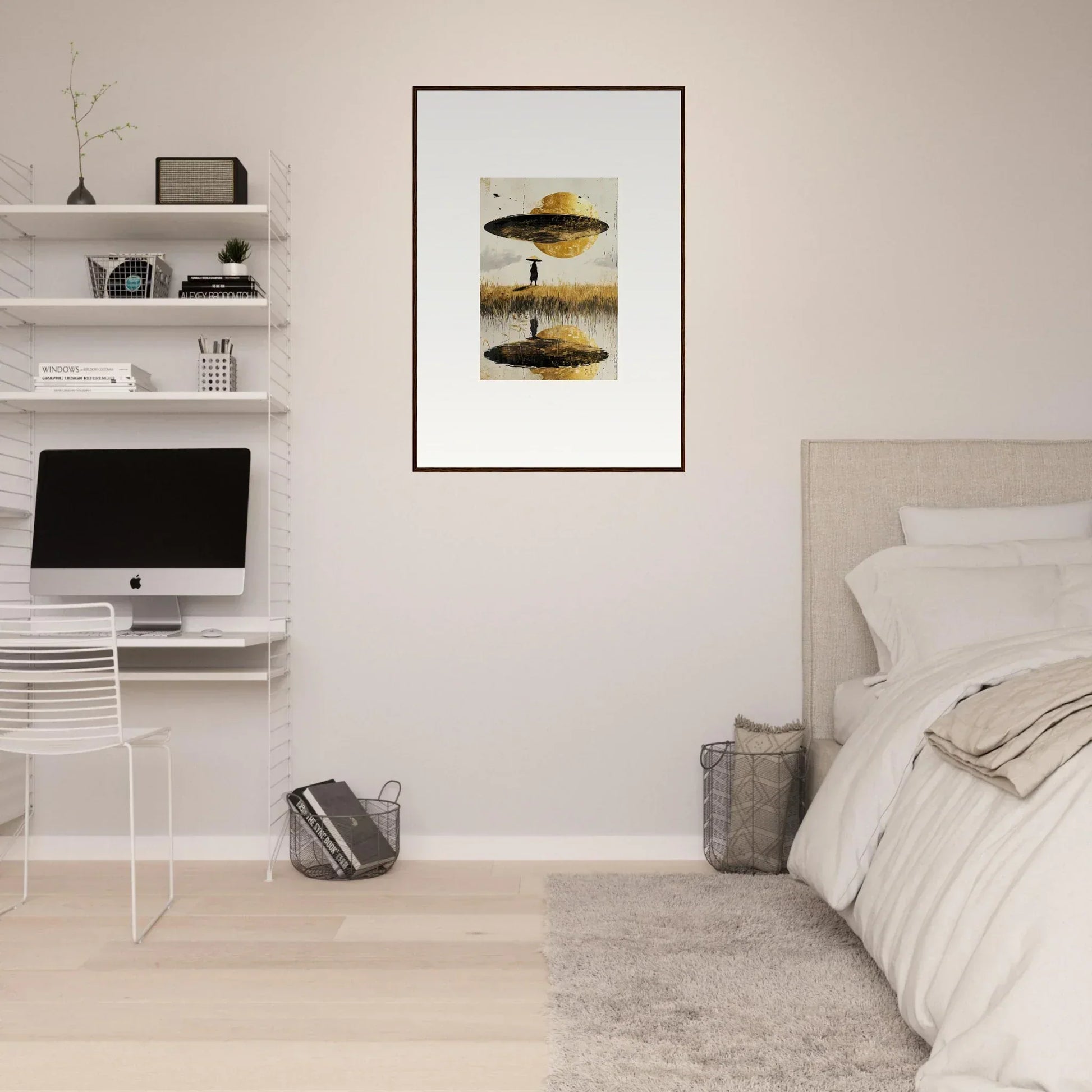 Framed canvas print of airborne crown abstract art in gold and black for cool room decoration