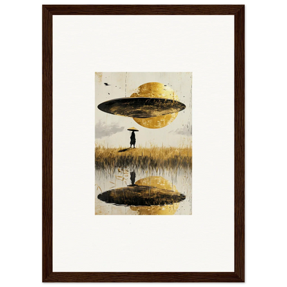 Surreal UFO painting over a reflective field, perfect for unique room decoration, Airborne Crown