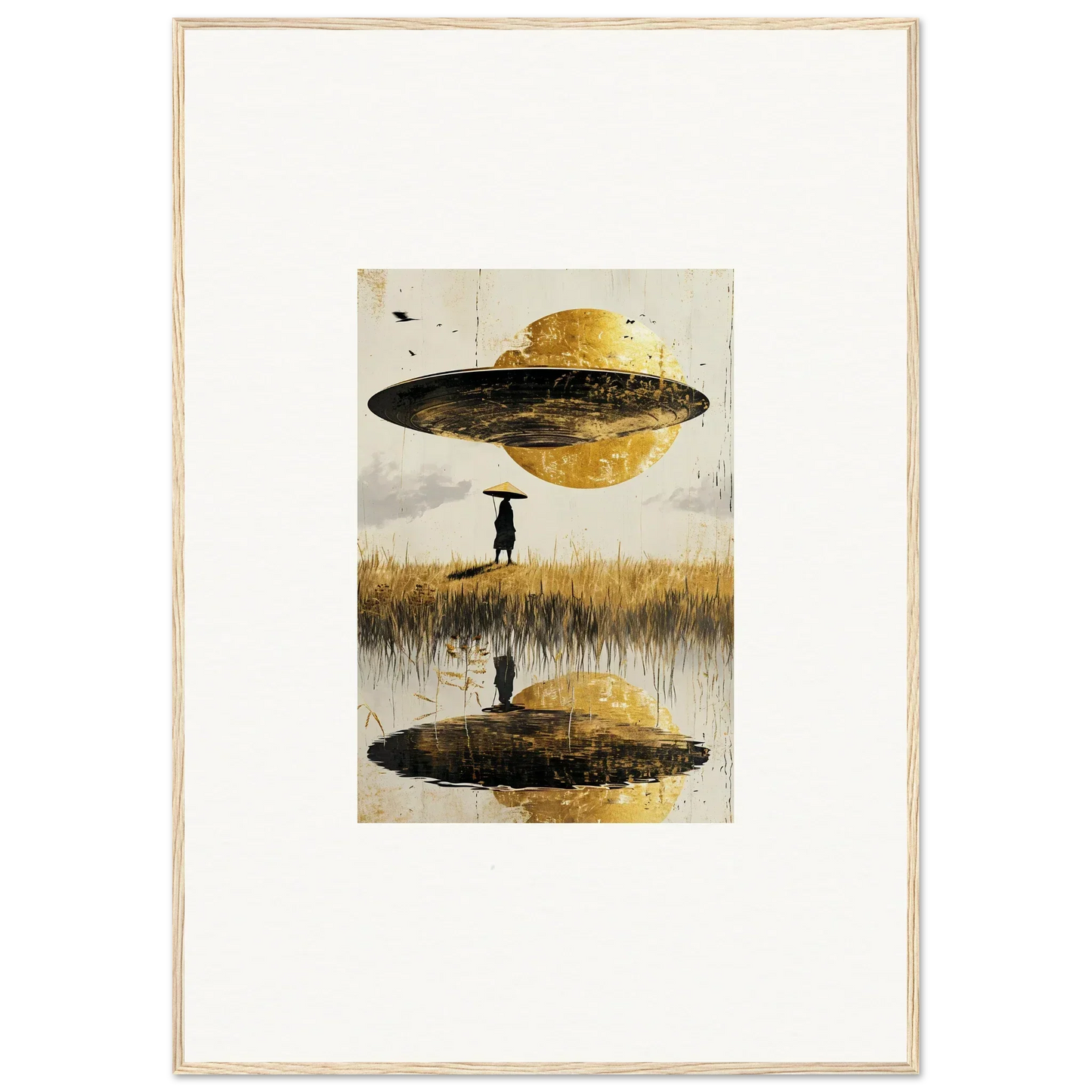 Surreal painting of a UFO over a reflective field for an Airborne Crown canvas print