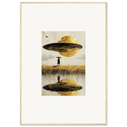 Surreal painting of a UFO over a reflective field for an Airborne Crown canvas print