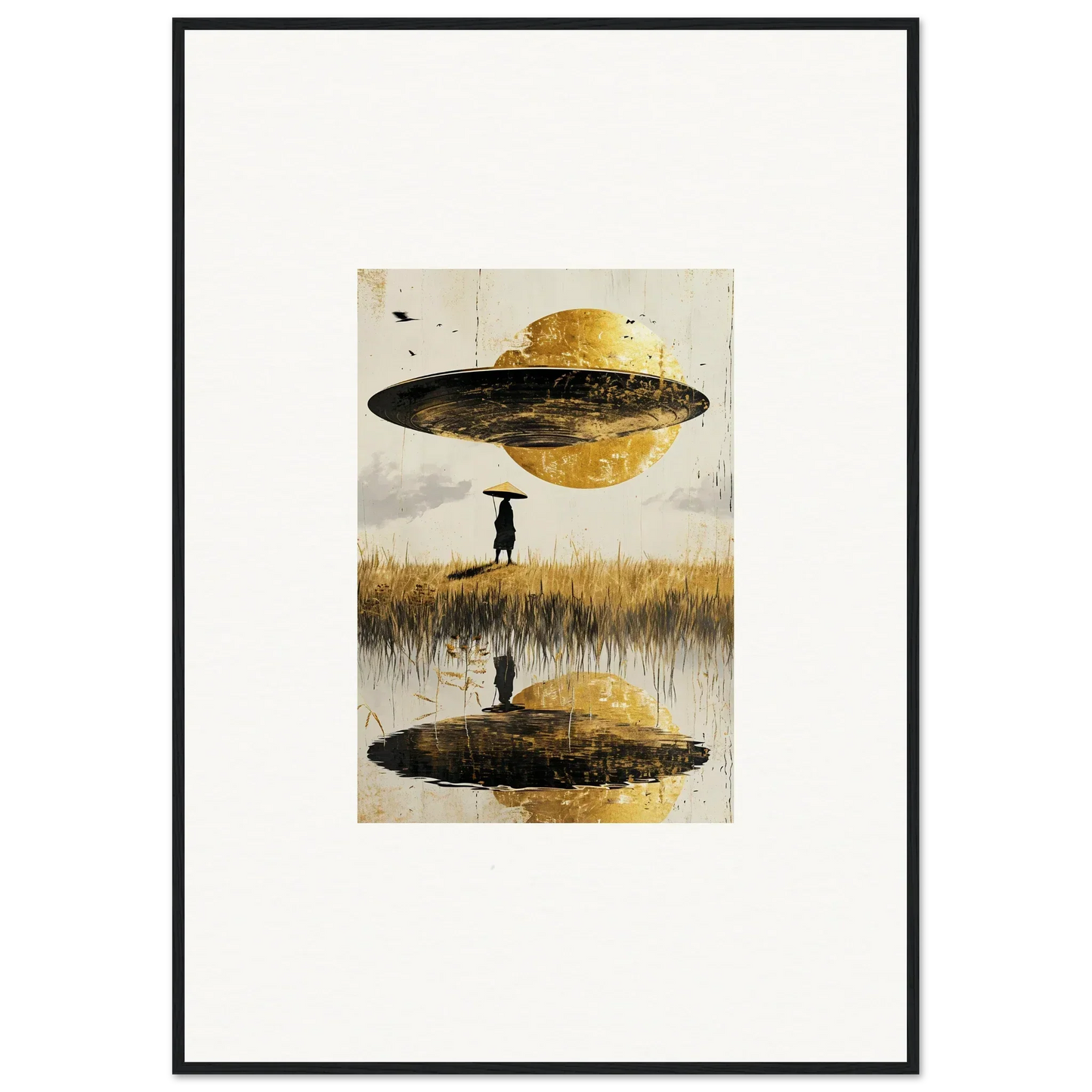 Surreal painting of a UFO reflecting in water, perfect for an Airborne Crown canvas print