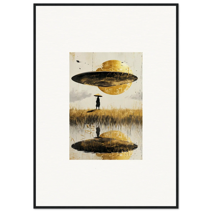 Surreal painting of a UFO reflecting in water, perfect for an Airborne Crown canvas print