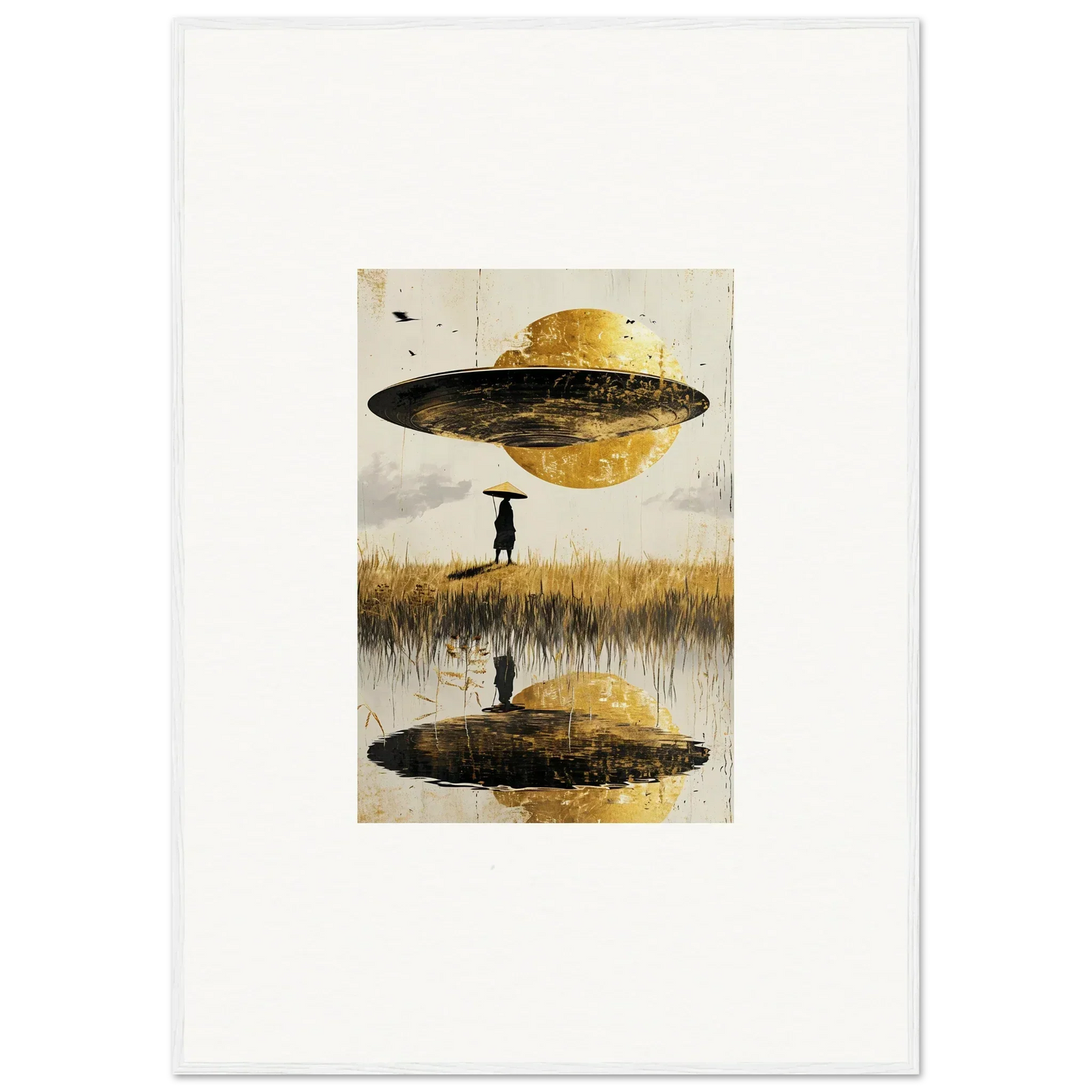 Surreal UFO reflection in water with silhouetted figure, perfect for airborne crown room decoration