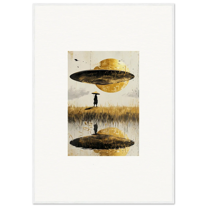 Surreal UFO reflection in water with silhouetted figure, perfect for airborne crown room decoration