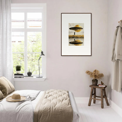 Cozy bedroom with natural light and minimalist decor featuring an Airborne Crown canvas print