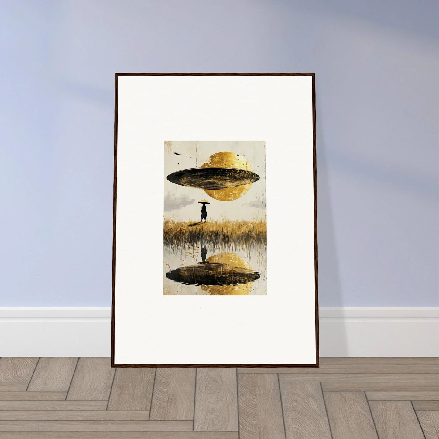 Surreal canvas print with a UFO over a figure, perfect for room decoration and airborne crown vibes