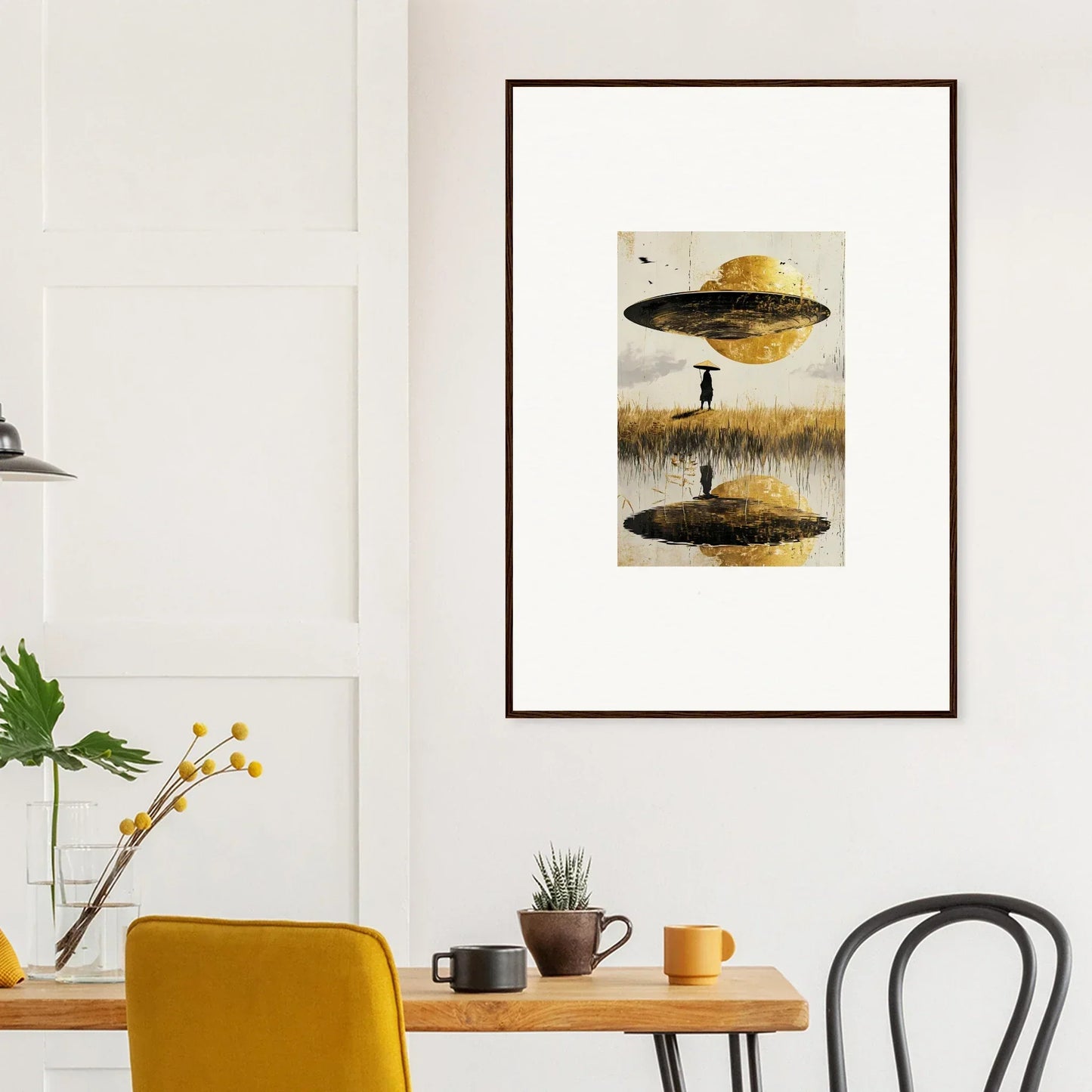 Surreal canvas print of a UFO over a field, perfect for quirky room decoration