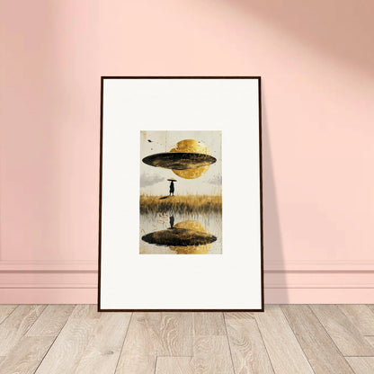 Surrealist canvas print of figure under airborne crown fish in a wheat field