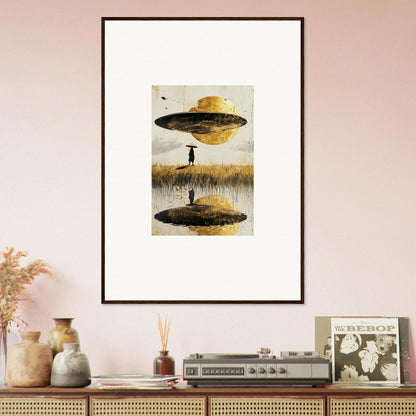 Surreal UFO scene framed artwork for quirky room decoration, Airborne Crown canvas print