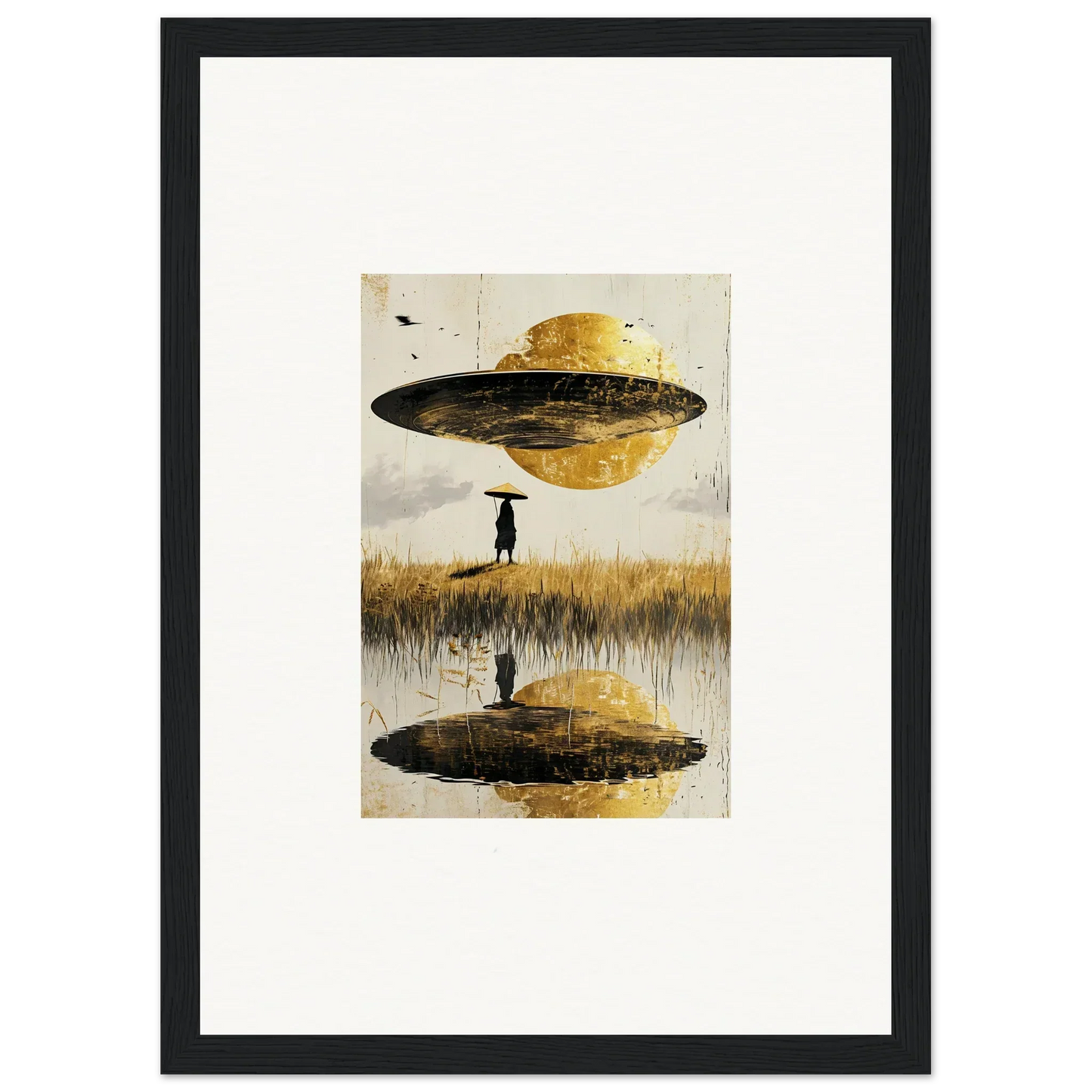 Framed surreal canvas print of UFO and figure, perfect airborne crown room decoration