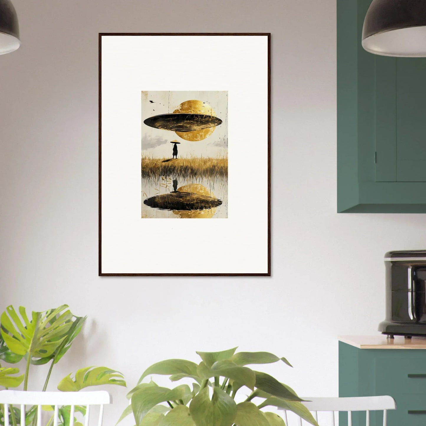 Framed canvas print of a UFO above a reflective surface, perfect room decoration for Airborne Crown fans