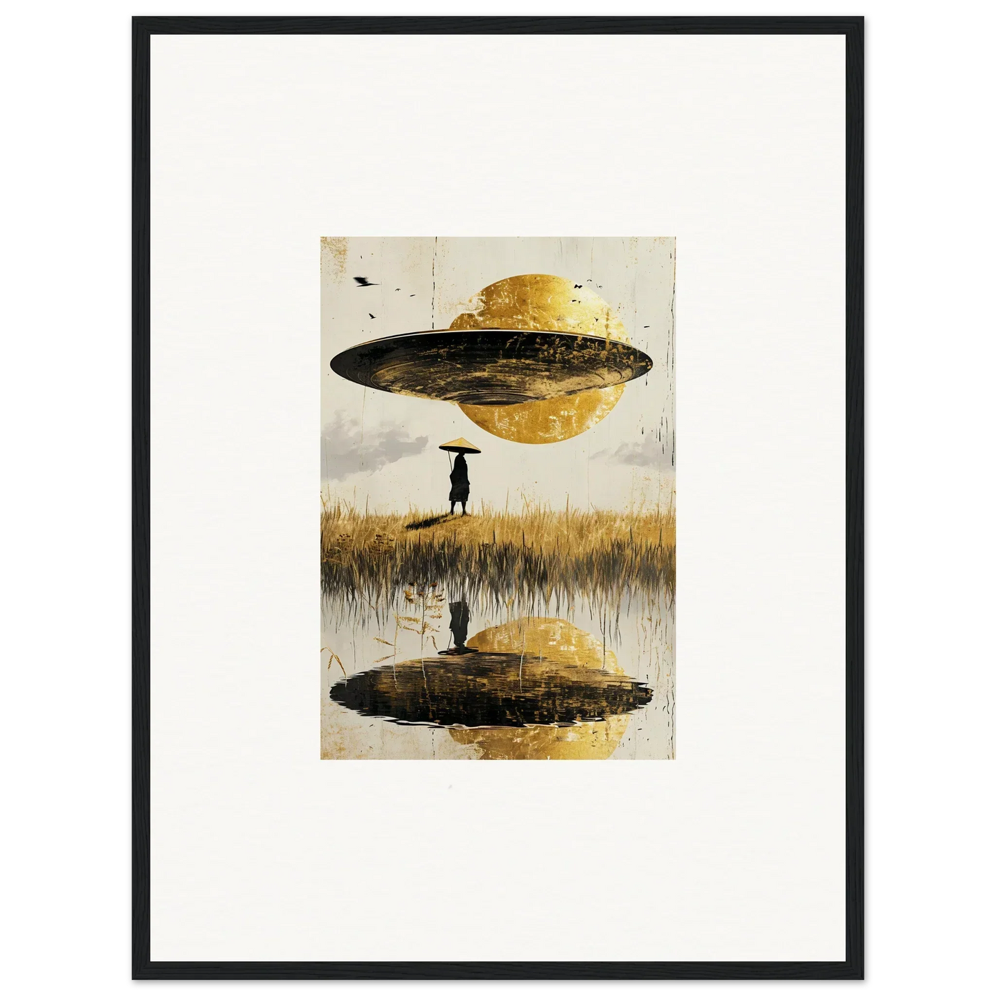 Surreal canvas print of a UFO reflecting in water, perfect for room decoration with an airborne crown vibe