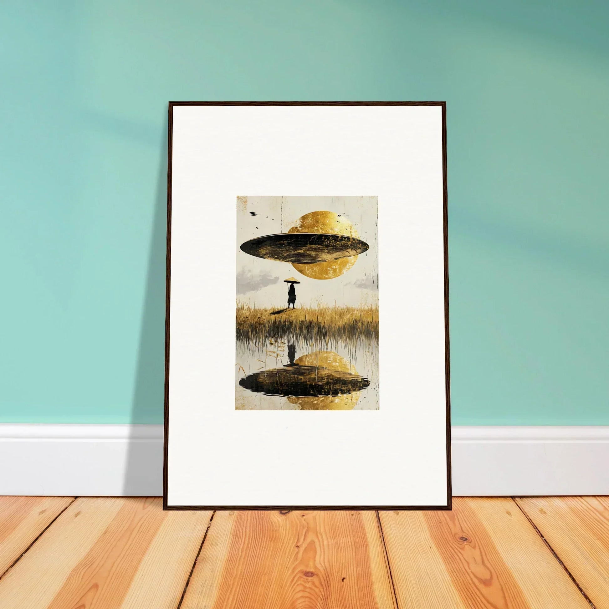 Surreal canvas print with a UFO and figure reflection, perfect for your airborne crown room decoration