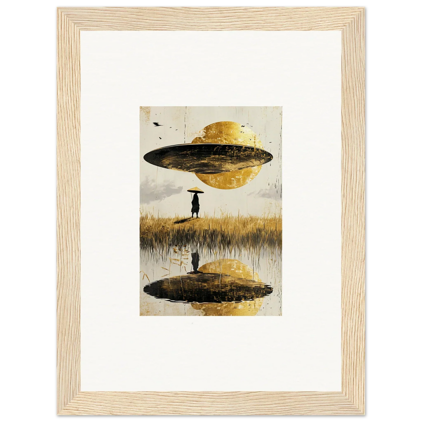 Framed canvas print of Airborne Crown with a surreal UFO planet and silhouette reflection