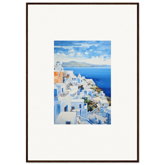 Framed wall art of Santorini’s blue domes in Dreamscape Blue Reflections design