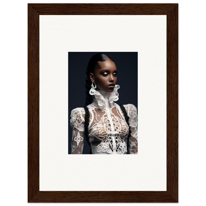 Framed wall art of a woman in a white lace top for elegant room decor, Lace Mirage design