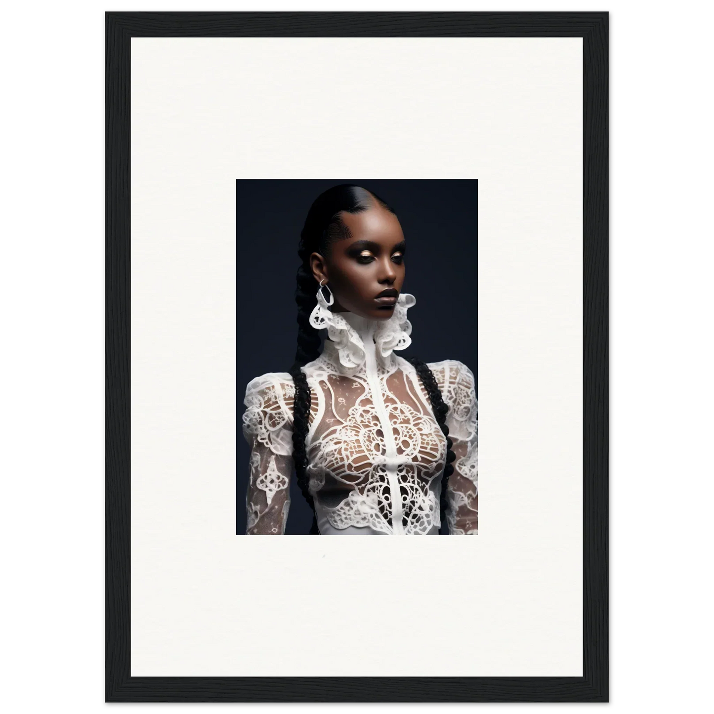 Portrait of a woman in a lace mirage top, ideal for elegant room decor or framed wall art