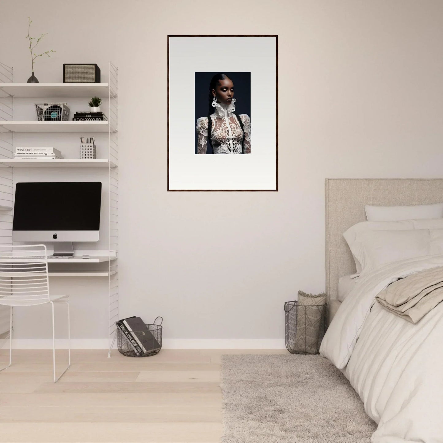 Framed wall art of a person in sunglasses and white outfit, Lace Mirage decor