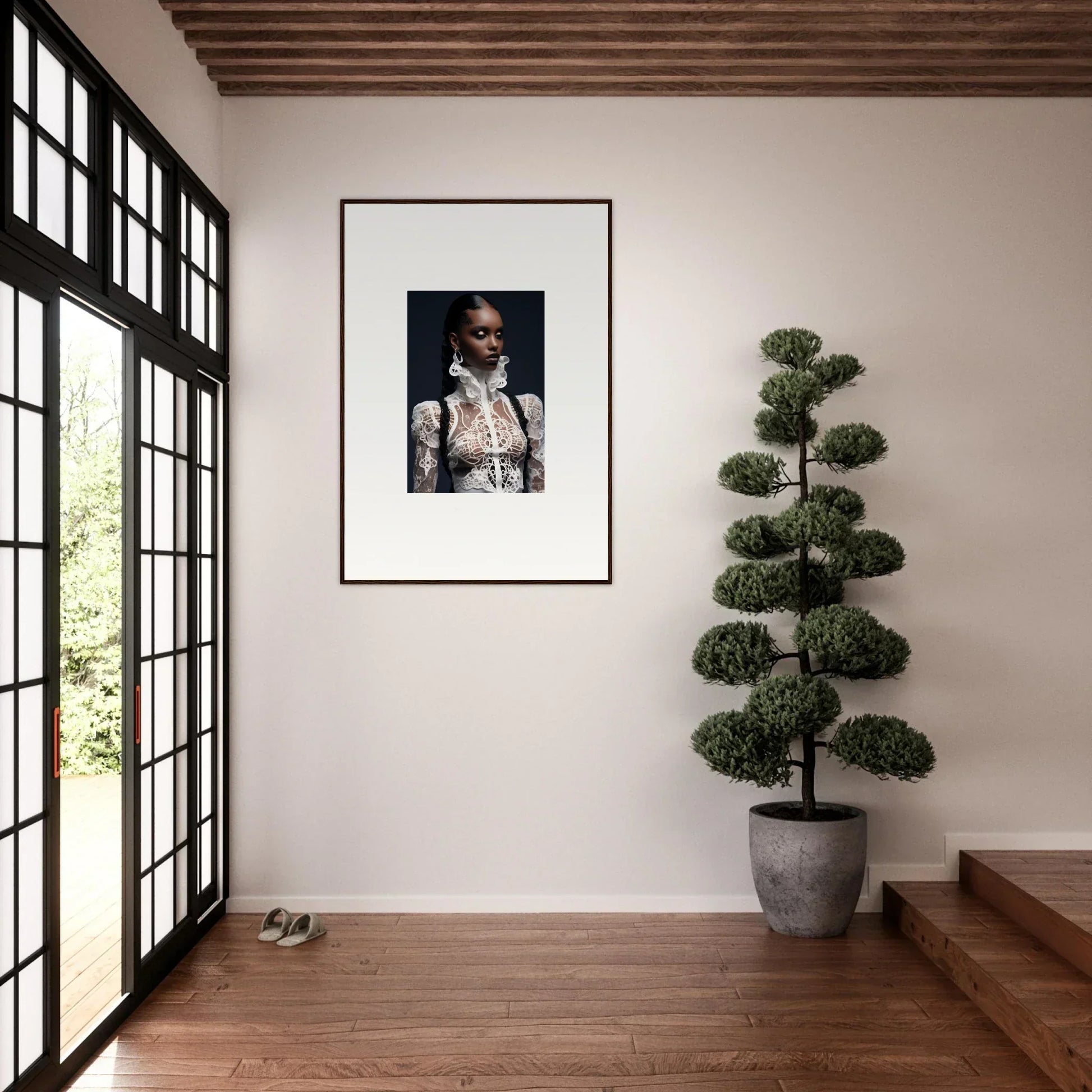 Framed wall art of a person in sunglasses and white outfit for stylish room decor