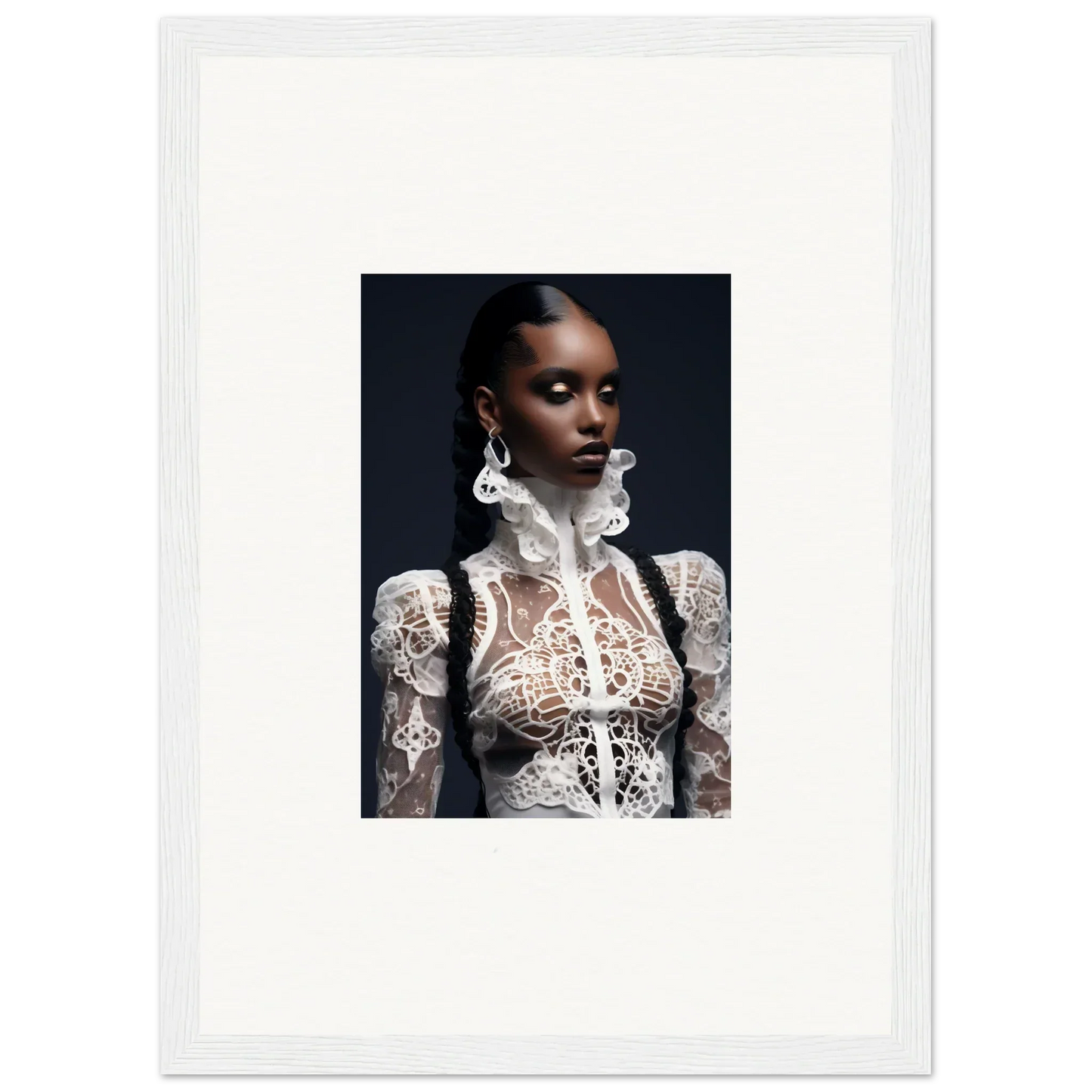 Portrait of a woman in a white lace top, perfect for Lace Mirage framed wall art