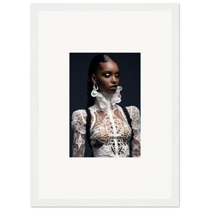 Portrait of a woman in a white lace top, perfect for Lace Mirage framed wall art