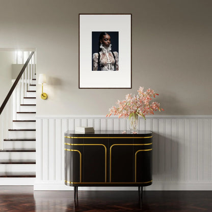 Framed wall art featuring a person in a white shirt and dark jacket, Lace Mirage style