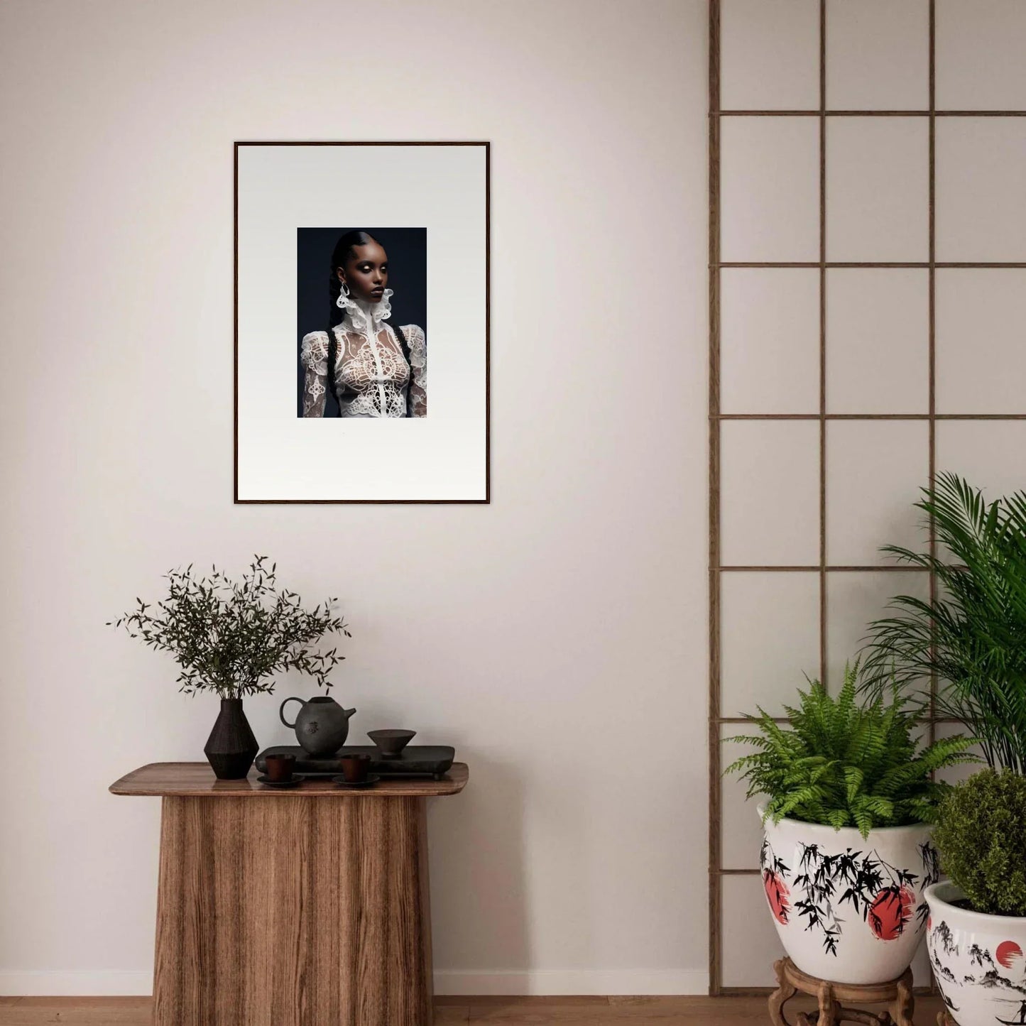 Framed wall art of a person in a white high-collared shirt for Lace Mirage room decor