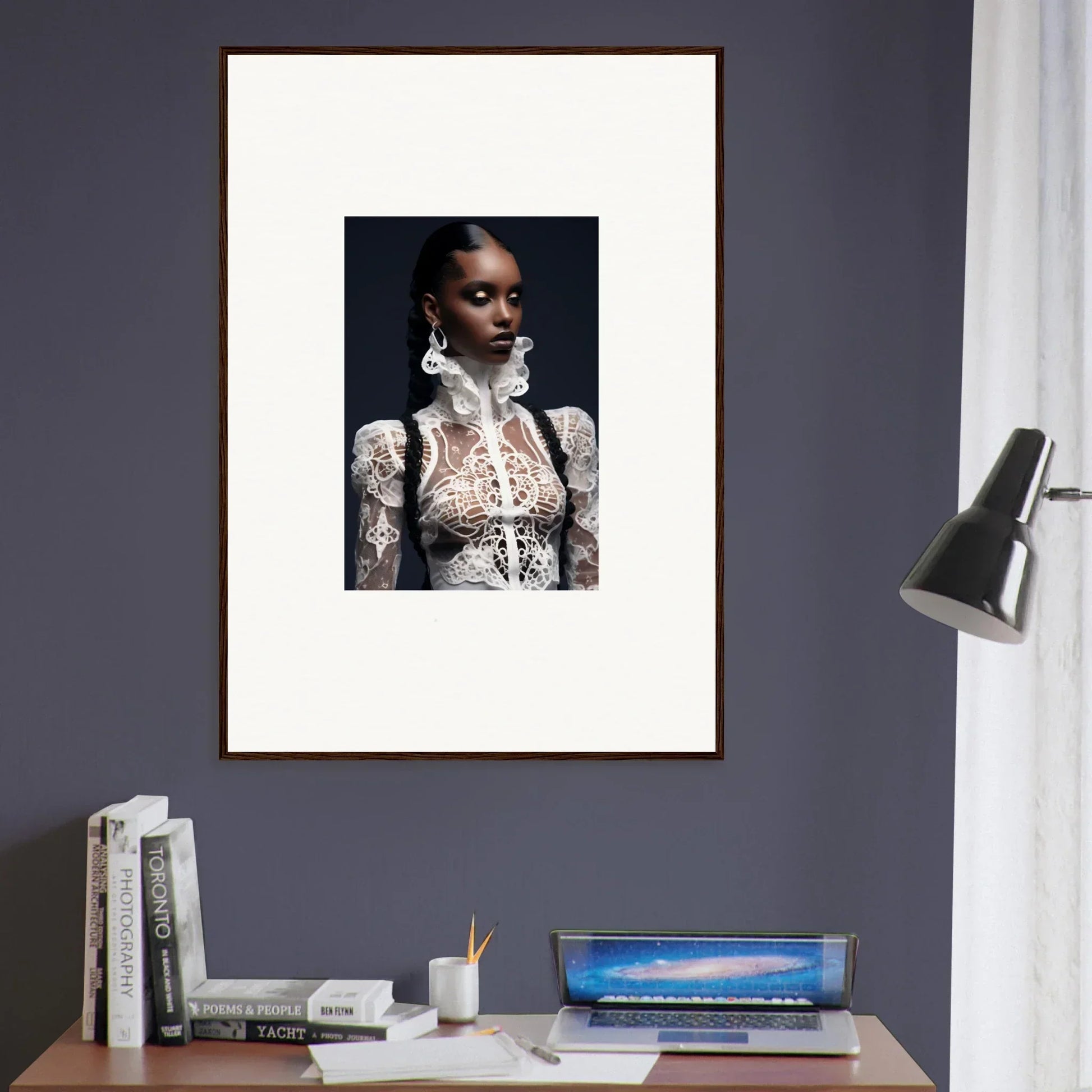 Framed wall art of a woman in lace mirage top, elegant room decor piece