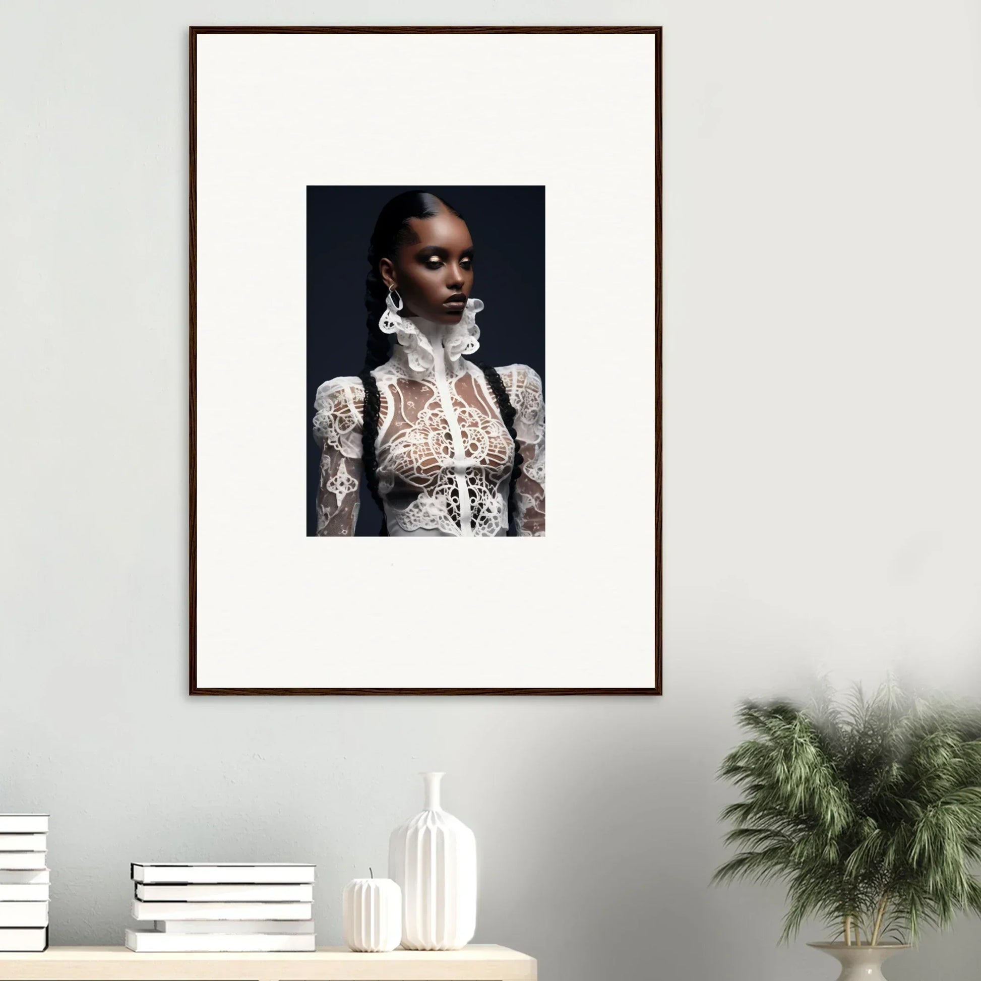 Framed wall art of a woman in a lace mirage top, perfect for elegant room decor