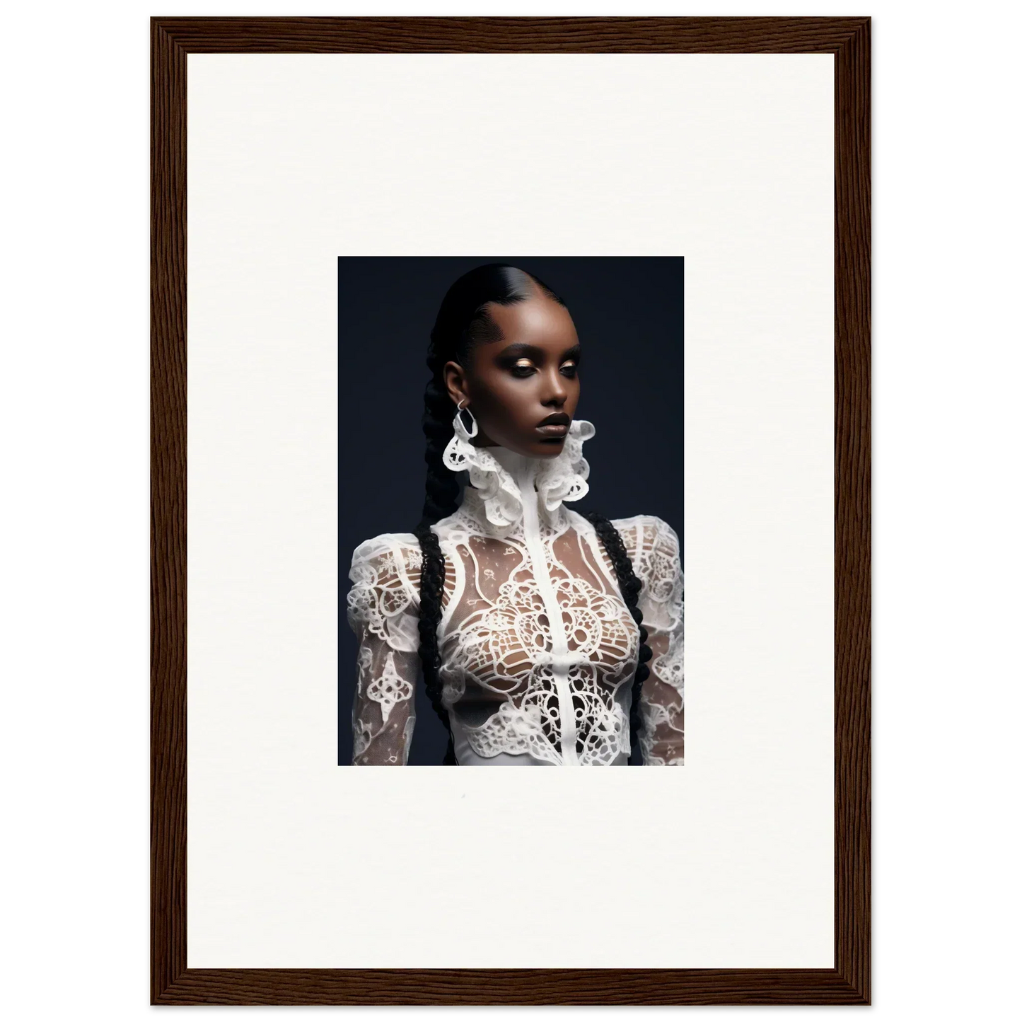 Framed wall art of a woman in an intricate white lace mirage top for elegant room decor