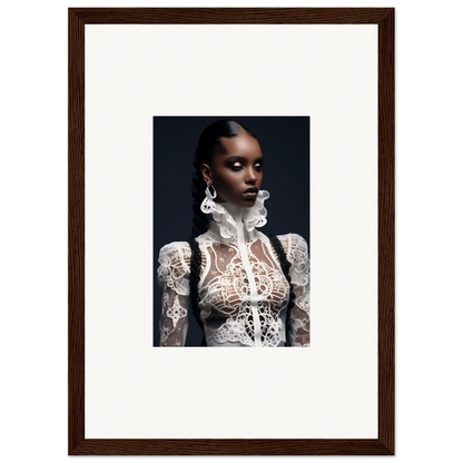 Framed wall art of a woman in an intricate white lace mirage top for elegant room decor