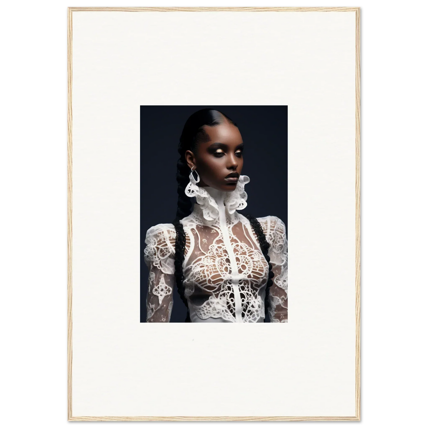 Portrait of a woman in a lace mirage top, perfect for room decor and framed wall art