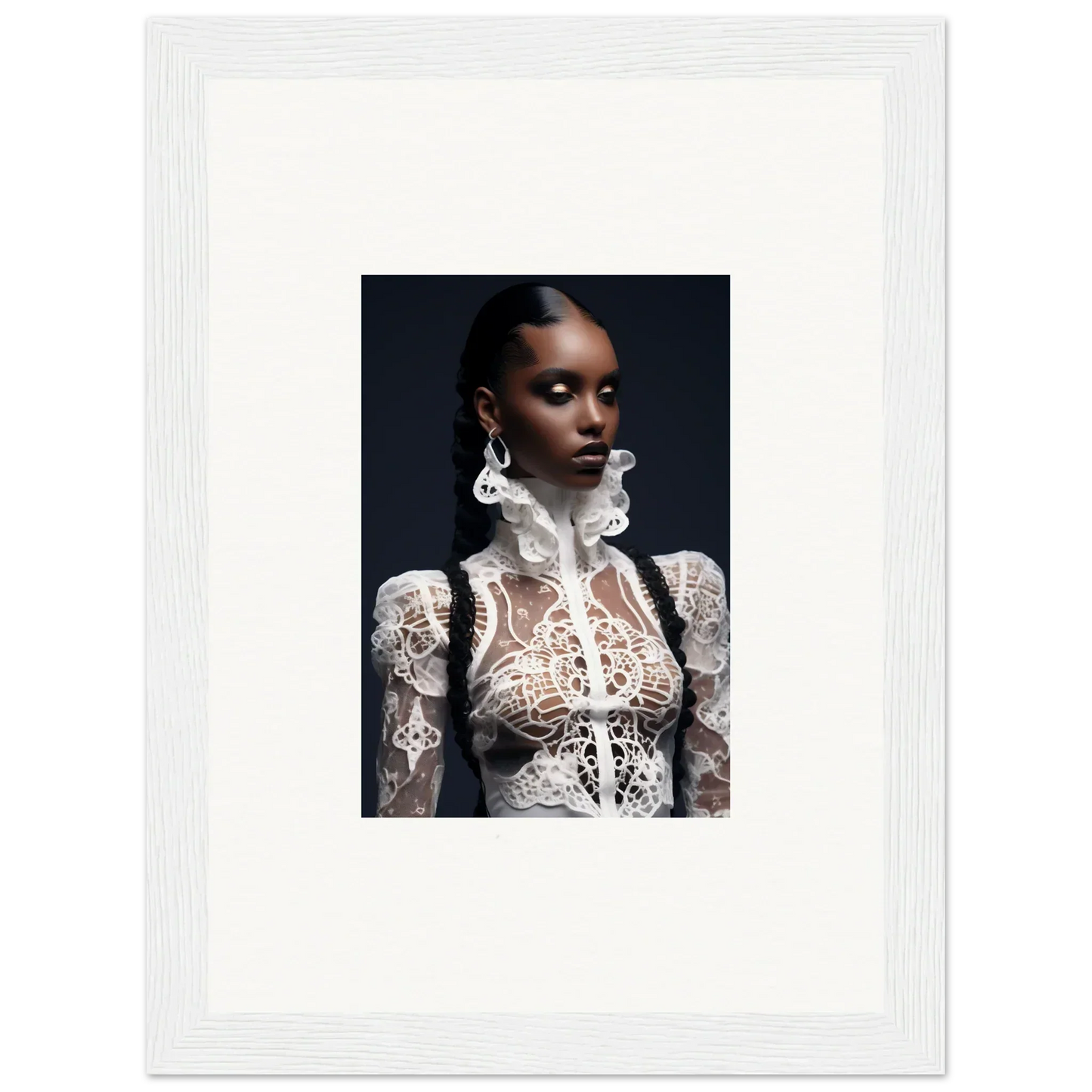 Portrait of a woman in a white lace top, ideal for Lace Mirage room decor or framed wall art