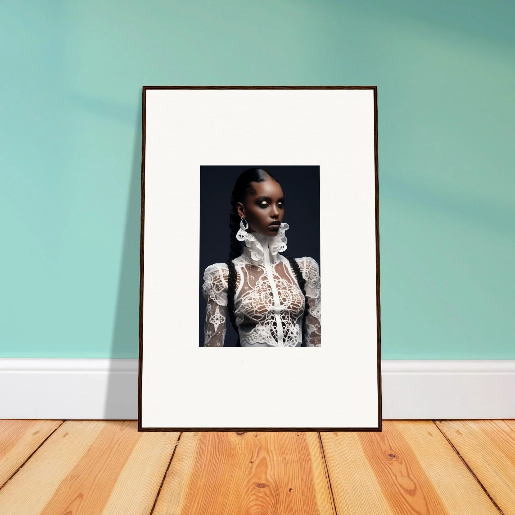 Framed wall art of a woman in a lace mirage top, perfect for elegant room decor