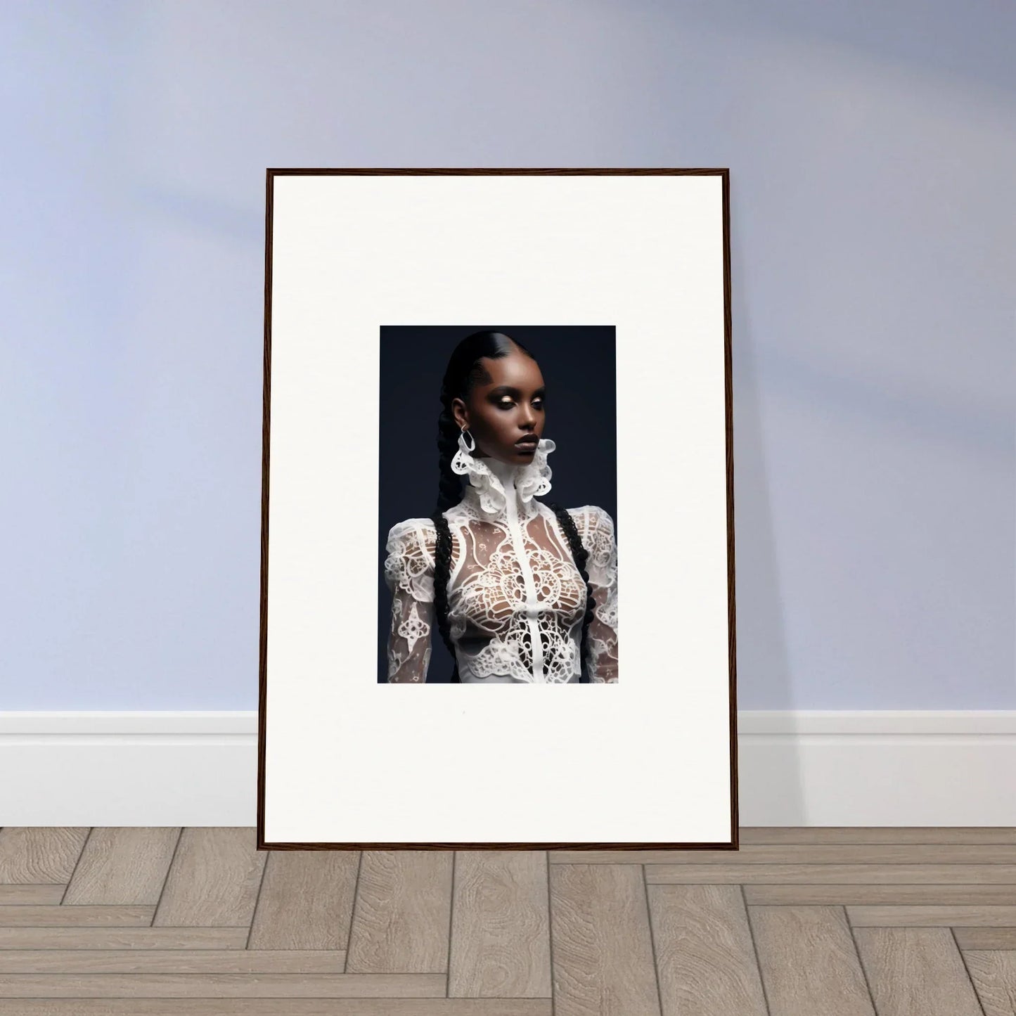 Framed wall art of a woman in a lace mirage top, elegant room decor idea