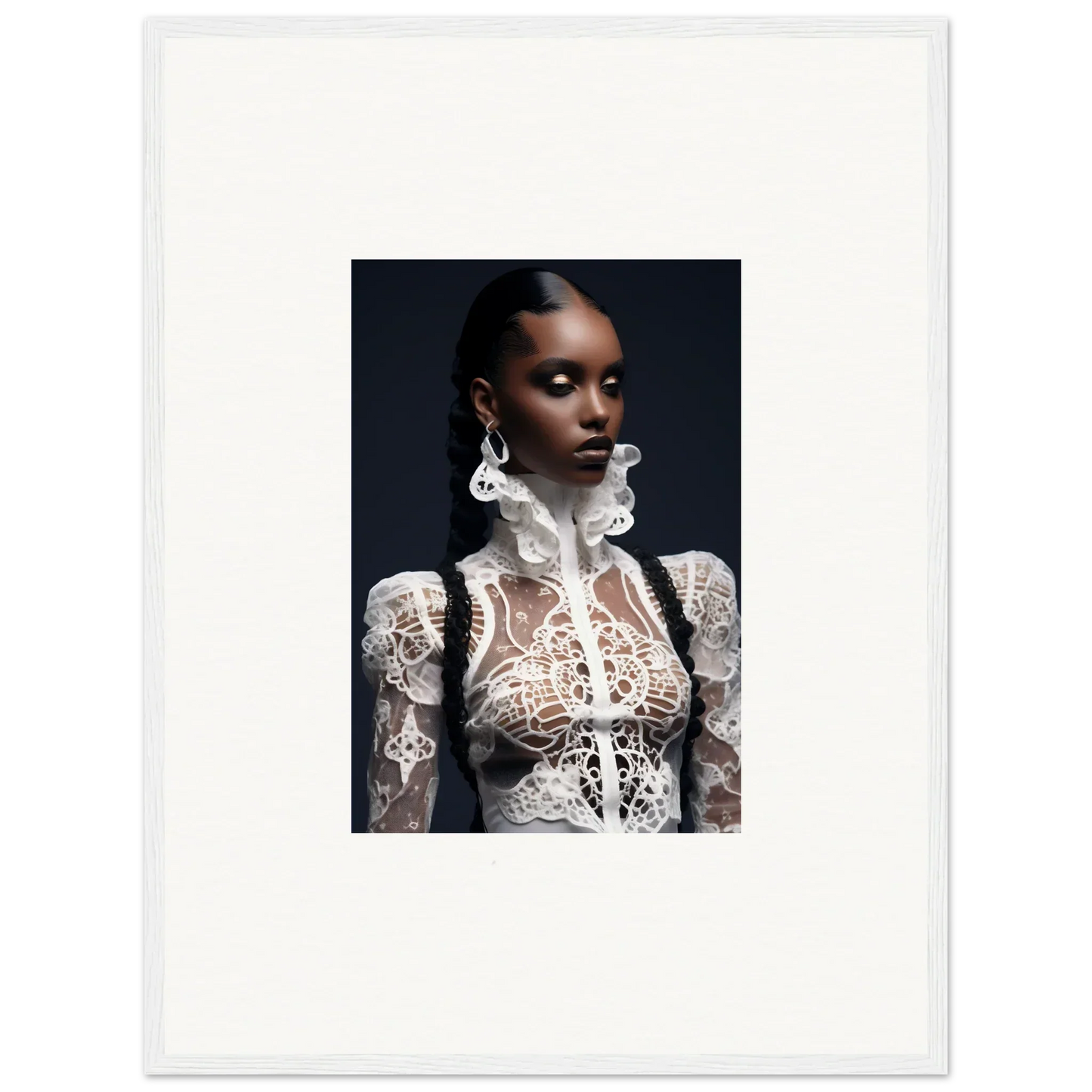 Portrait of a woman in a lace mirage top, perfect for framed wall art and room decor