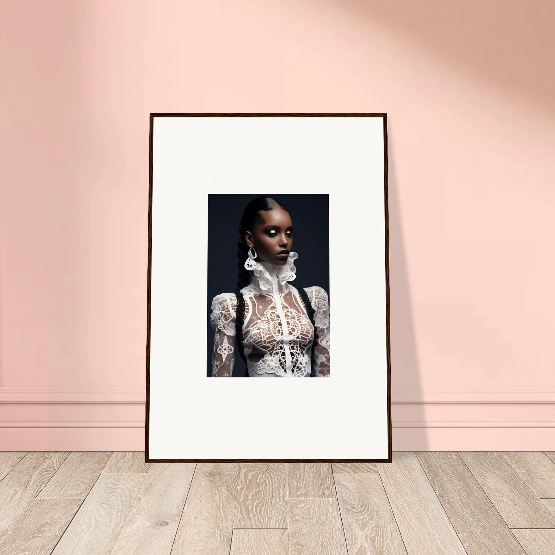 Framed wall art of a woman in lace mirage top, perfect for room decor