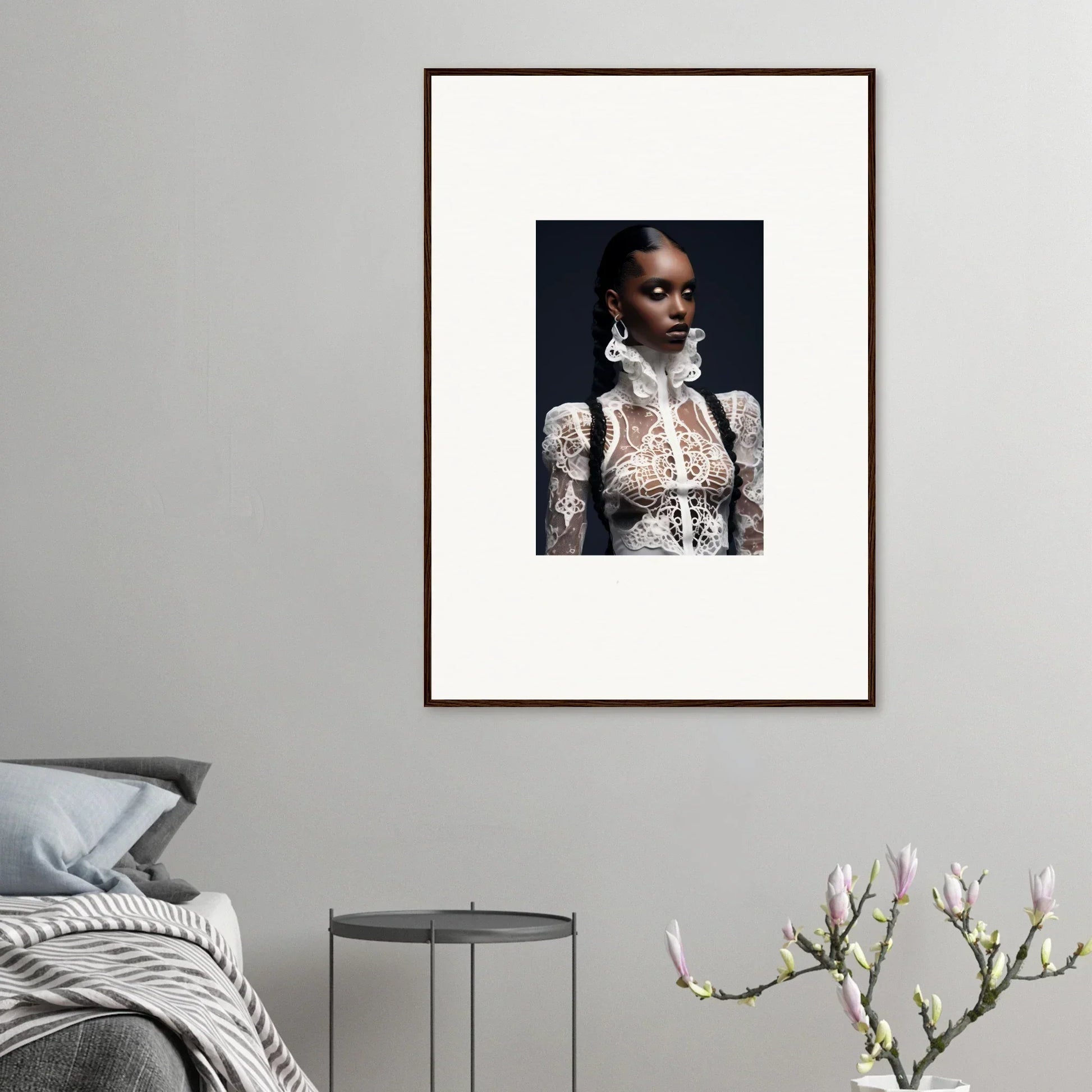 Framed wall art of a person in Dreamscape Lace Mirage top, perfect for room decor