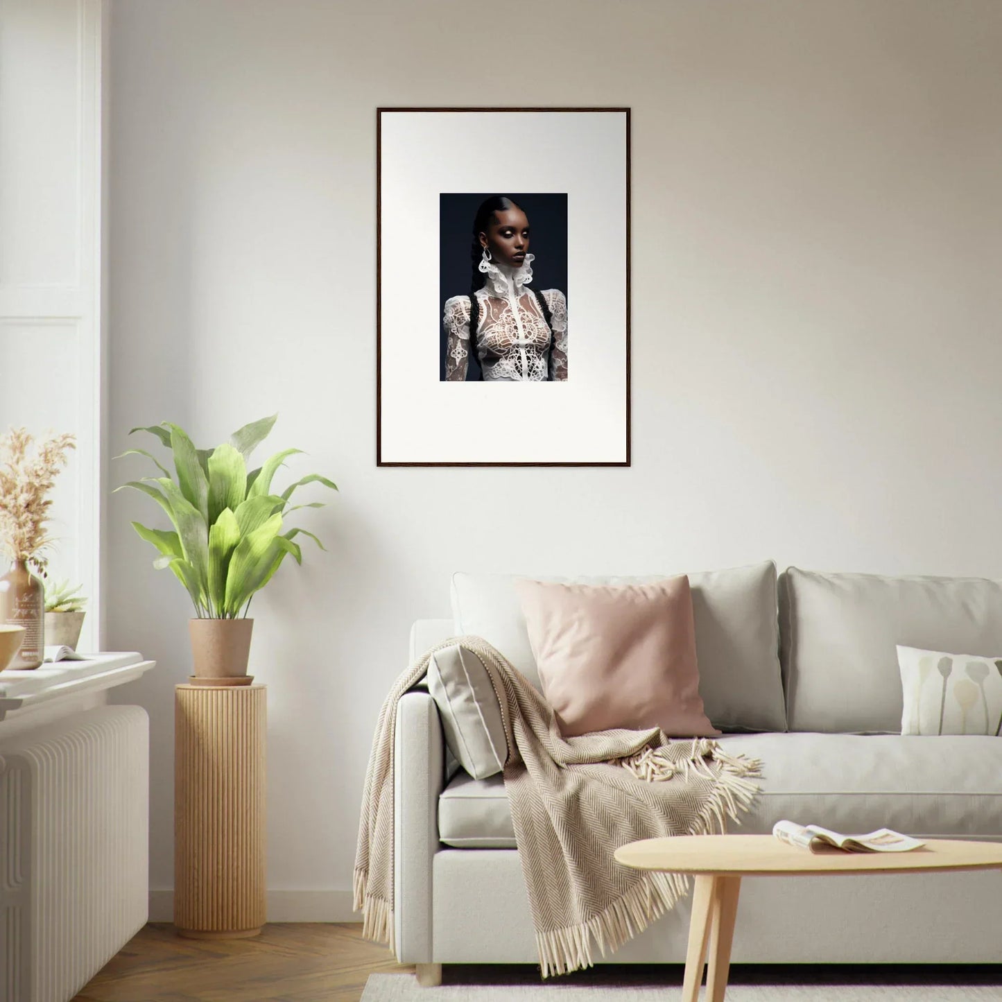 Framed wall art featuring a person in a white shirt and sunglasses, Lace Mirage design