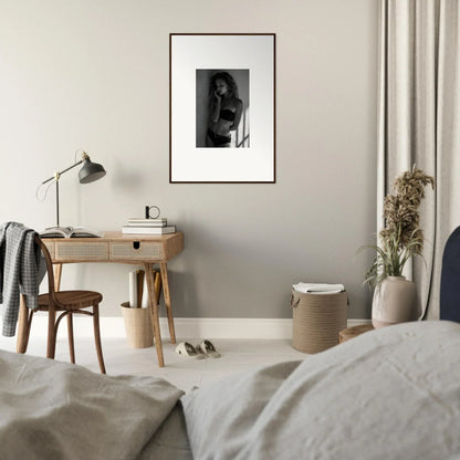 Framed black and white photograph of a person on a wall.