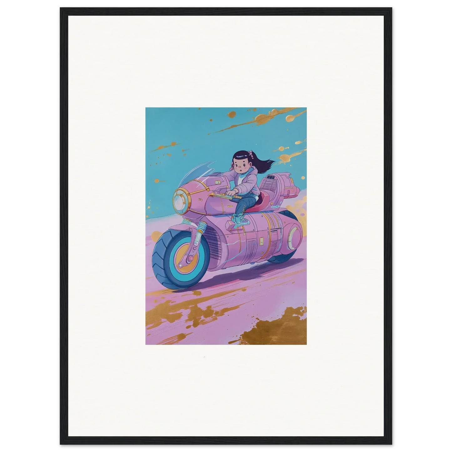 Colorful illustration of a person on a futuristic motorcycle for Dreamwave Photon Chase canvas print