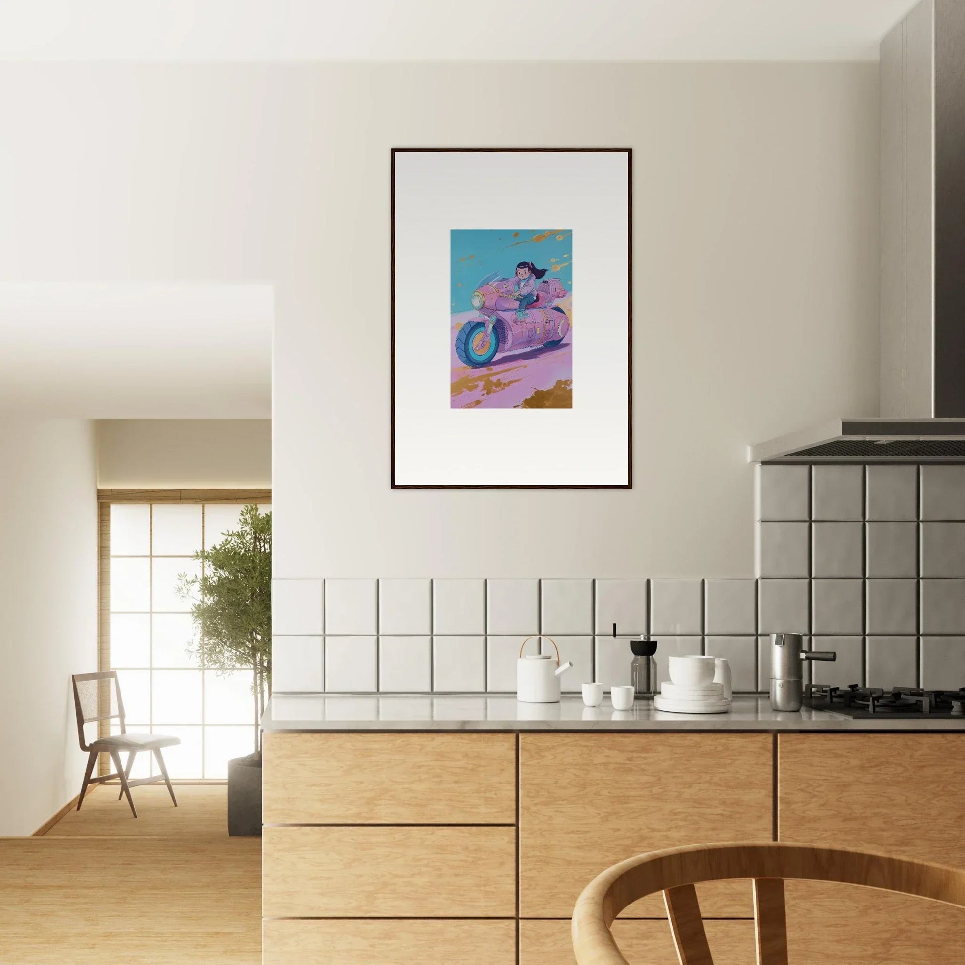 Framed canvas print of a vibrant purple figure on a scooter for cool room decoration