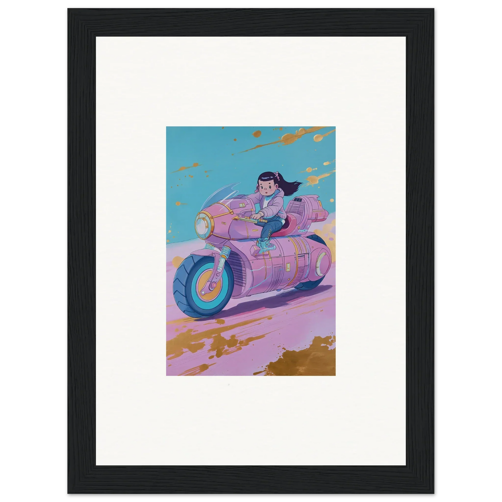 Colorful illustration of a person on a futuristic motorcycle for Room Decoration canvas print