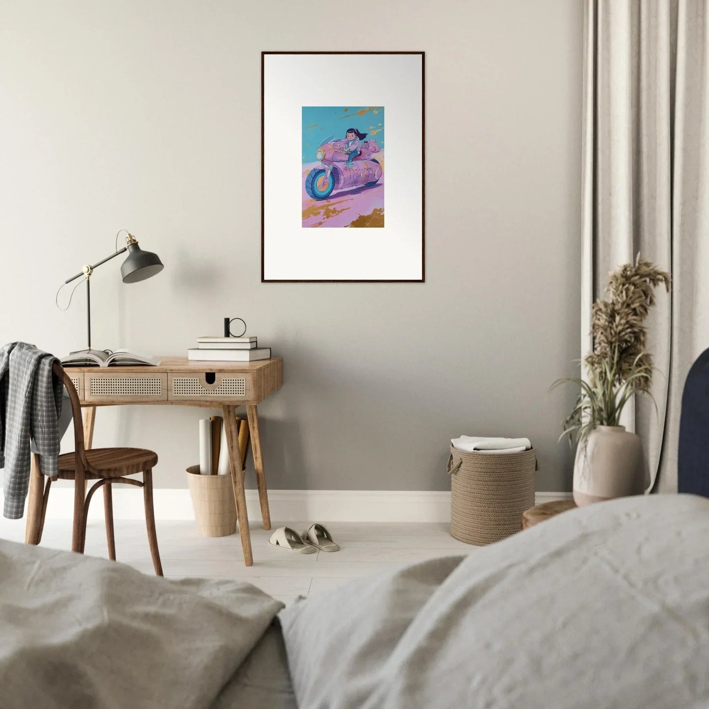 Framed canvas print of a pink scooter for cool room decoration in Photon Chase style