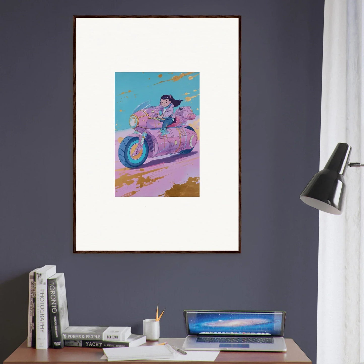 Framed canvas print of vibrant artwork featuring a person on a motorcycle for room decoration