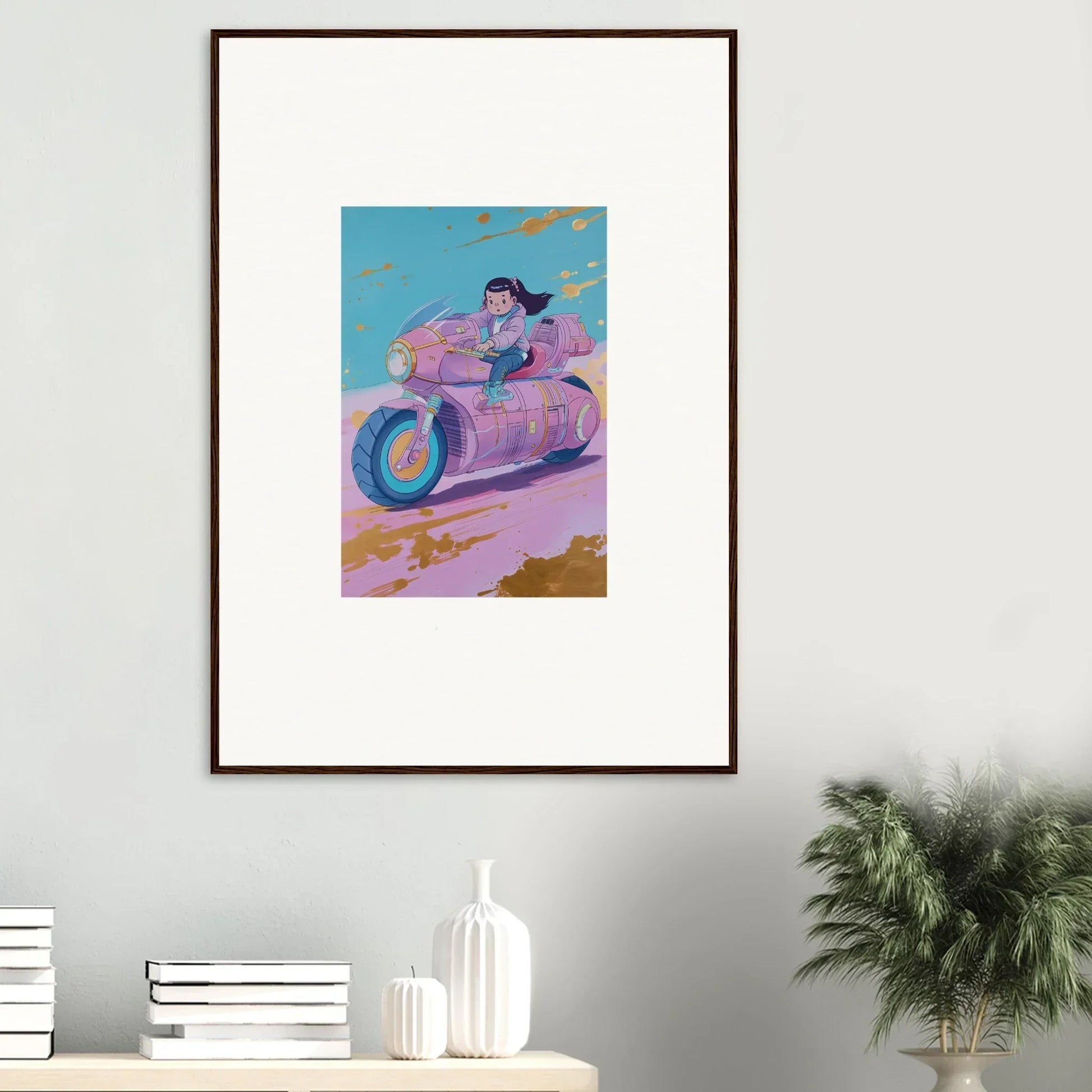 Colorful canvas print of a person riding a motorcycle for cool room decoration