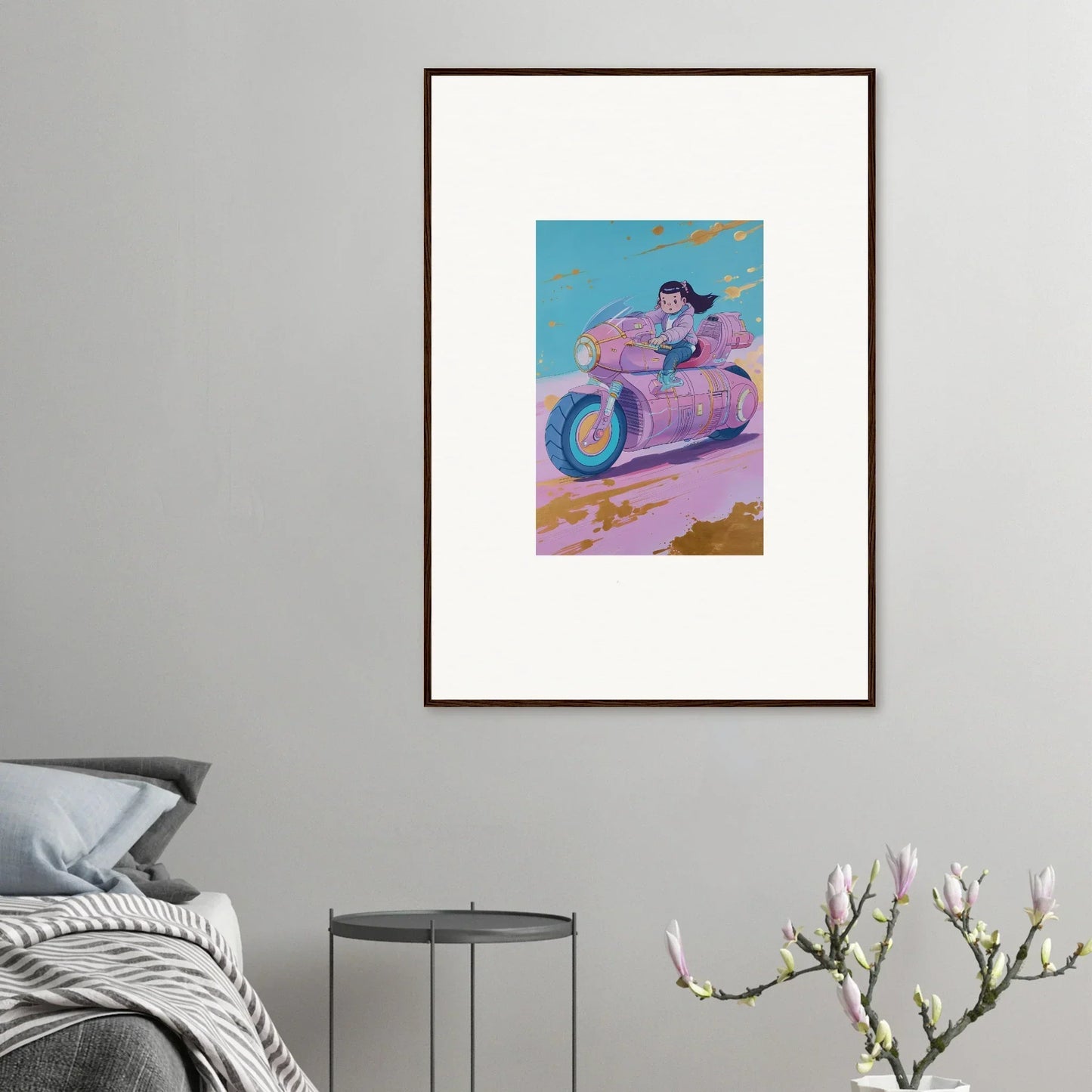 Framed Canvas Print of Photon Chase Artwork with a Person on a Purple Motorcycle