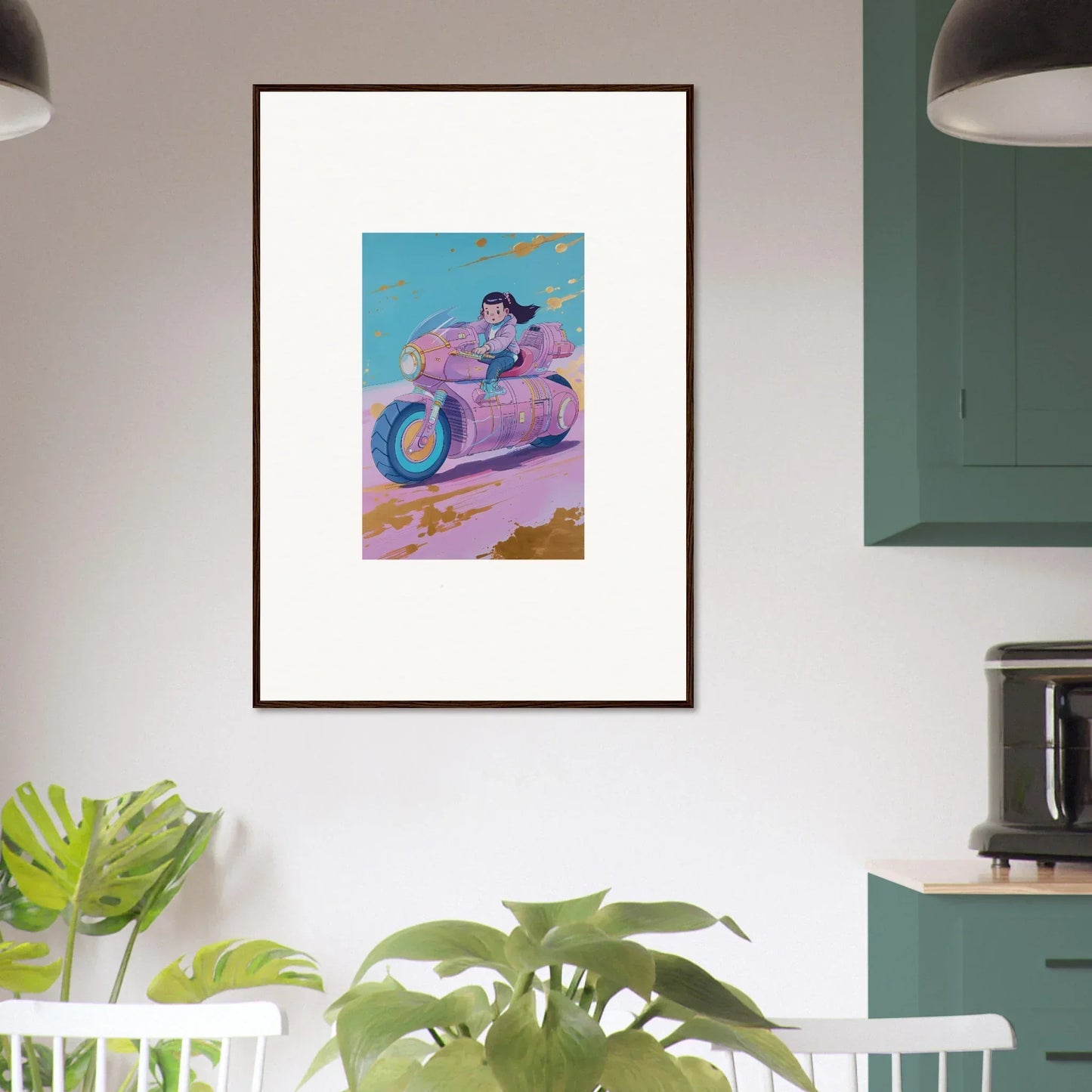 Colorful canvas print of a motorcycle rider for cool room decoration, Photon Chase vibe