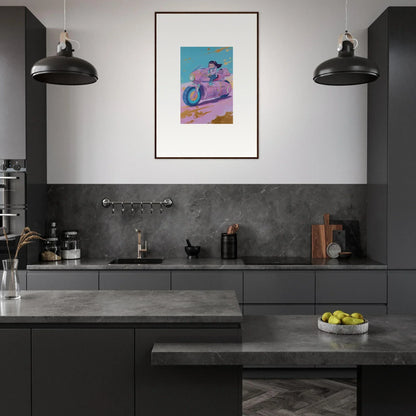 Modern kitchen with dark cabinetry and canvas print artwork for stylish room decoration