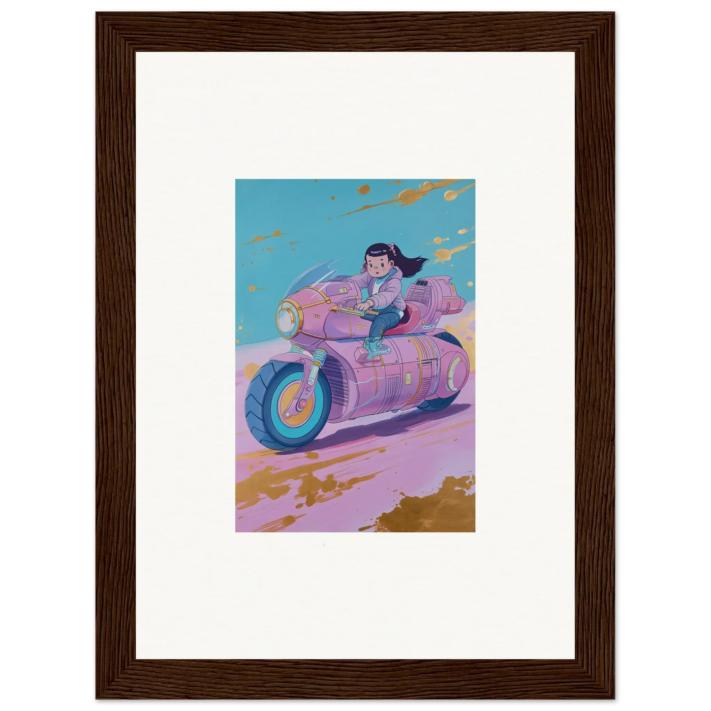 Stylized illustration of a person on a pink motorcycle for Dreamwave Photon Chase canvas print